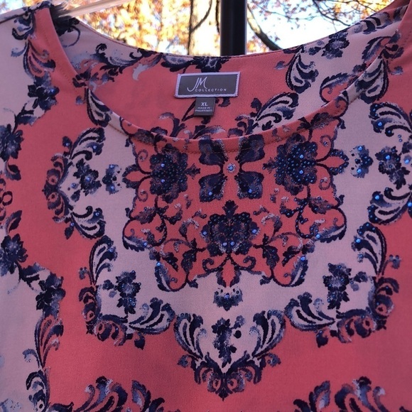 JM Collection XL Coral W Blue Top Pit to Pit 23 3/4” Exc Condition - Picture 2 of 11